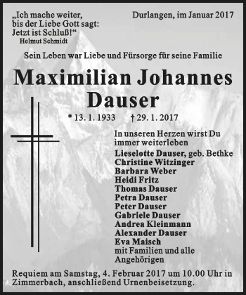 Traueranzeige von Maximilian Johannes Dauser von Gmünder Tagespost