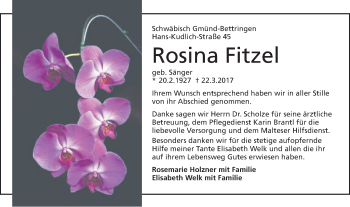 Traueranzeige von Rosina Fitzel von Gmünder Tagespost