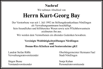Traueranzeige von Kurt-Georg Bay von Schwäbische Post