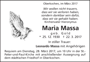 Traueranzeige von Maria Massa von Schwäbische Post