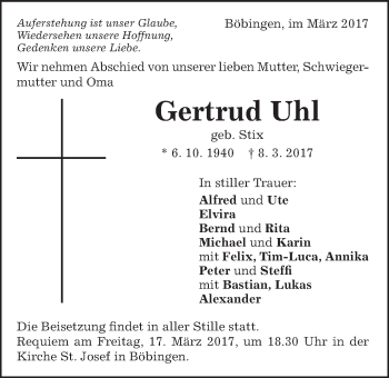 Traueranzeige von Gertrud Uhl von Gmünder Tagespost