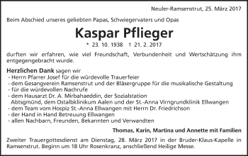 Traueranzeige von Kaspar Pflieger von Schwäbische Post