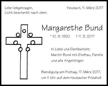 Traueranzeige von Margarethe Bund von Gmünder Tagespost