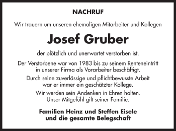 Traueranzeige von Josef Gruber von Schwäbische Post