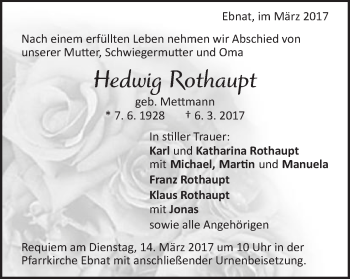 Traueranzeige von Hedwig Rothaupt von Schwäbische Post