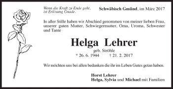 Traueranzeige von Helga Lehrer von Gmünder Tagespost