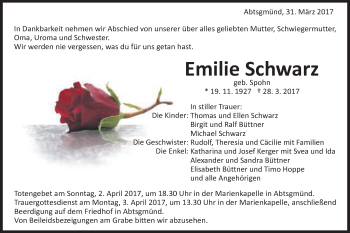 Traueranzeige von Emilie Schwarz von Schwäbische Post