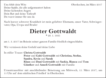 Traueranzeige von Dieter Gottwaldt von Schwäbische Post