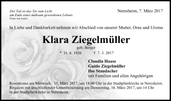 Traueranzeige von Klara Ziegelmüller von Schwäbische Post
