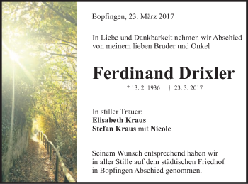 Traueranzeige von Ferdinand Drixler von Schwäbische Post