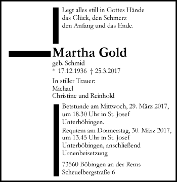 Traueranzeige von Martha Gold von Gmünder Tagespost