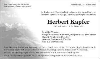 Traueranzeige von Herbert Kapfer von Schwäbische Post