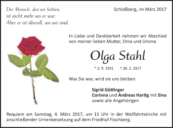 Traueranzeige von Olga Stahl von Schwäbische Post