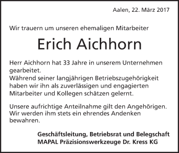 Traueranzeige von Erich Aichhorn von Schwäbische Post