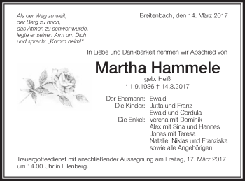 Traueranzeige von Martha Hammele von Schwäbische Post