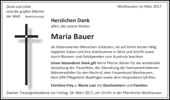 Traueranzeige von Maria Bauer von Schwäbische Post