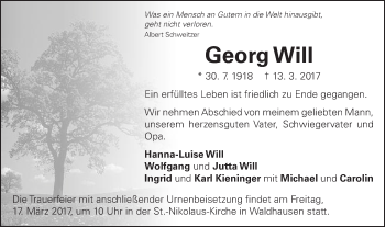 Traueranzeige von Georg Will von Schwäbische Post