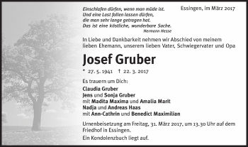Traueranzeige von Josef Gruber von Schwäbische Post