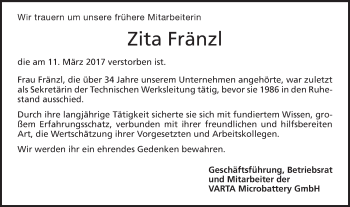 Traueranzeige von Zita Fränzl von Schwäbische Post