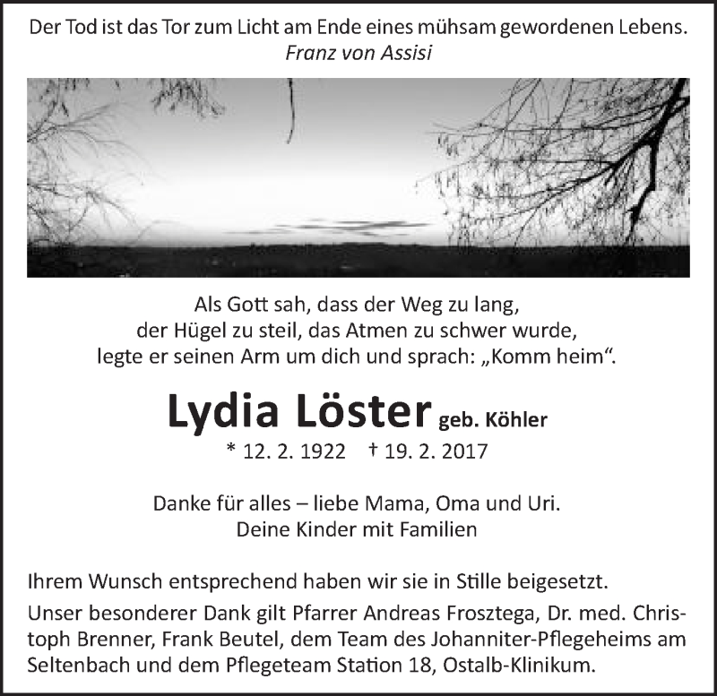  Traueranzeige für Lydia Löster vom 03.03.2017 aus Schwäbische Post