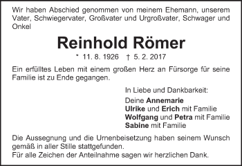 Traueranzeige von Reinhold Römer von Schwäbische Post