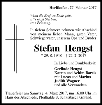 Traueranzeige von Stefan Hengst von Gmünder Tagespost