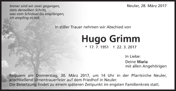 Traueranzeige von Hugo Grimm von Schwäbische Post