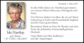 Traueranzeige von Ida Hartlep von Gmünder Tagespost