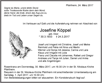 Traueranzeige von Josefine Köppel von Schwäbische Post