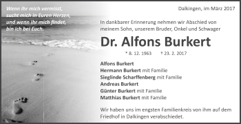 Traueranzeige von Alfons Burkert von Schwäbische Post