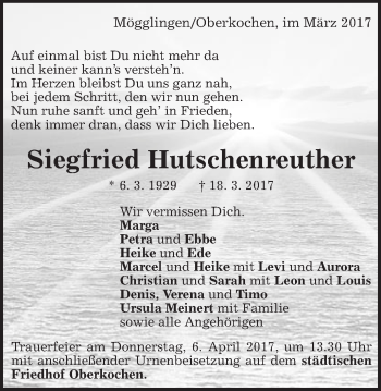Traueranzeige von Siegfried Hutschenreuther von Amtsblatt_Oko