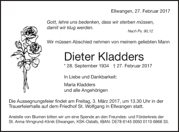 Traueranzeige von Dieter Kladders von Schwäbische Post