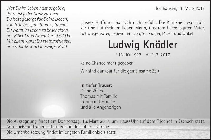  Traueranzeige für Ludwig Knödler vom 13.03.2017 aus Gmünder Tagespost