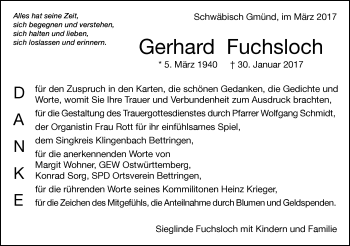 Traueranzeige von Gerhard Fuchsloch