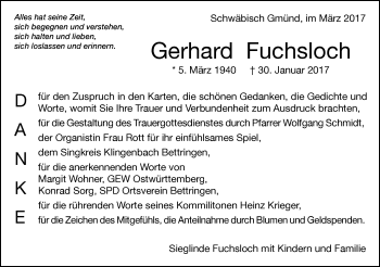 Traueranzeige von Gerhard Fuchsloch von Gmünder Tagespost