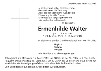 Traueranzeige von Ermenhilde Walter von OstalbTrauer
