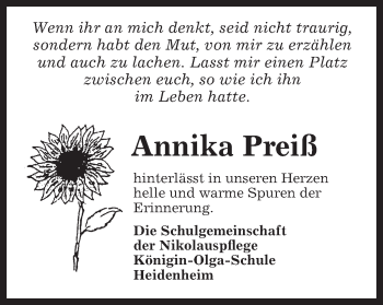 Traueranzeige von Annika Preiß von Schwäbische Post