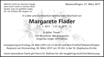 Traueranzeige von Margarete Flader von Schwäbische Post