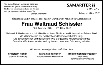 Traueranzeige von Waltraud Schissler von Schwäbische Post