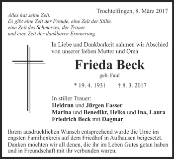 Traueranzeige von Frieda Beck von Schwäbische Post