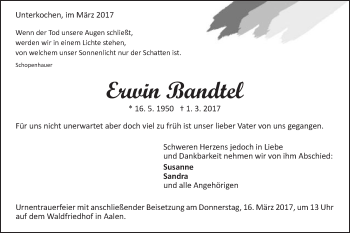 Traueranzeige von Erwin Bandtel von Schwäbische Post