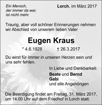Traueranzeige von Eugen Kraus von Gmünder Tagespost