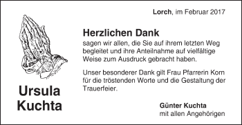 Traueranzeige von Ursula Kuchta von Gmünder Tagespost