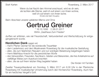 Traueranzeige von Gertrud Greiner von Schwäbische Post