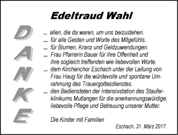 Traueranzeige von Edeltraud Wahl von Gmünder Tagespost