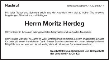 Traueranzeige von Moritz Herdeg von Schwäbische Post