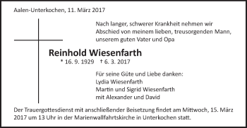 Traueranzeige von Reinhold Wiesenfarth von Schwäbische Post