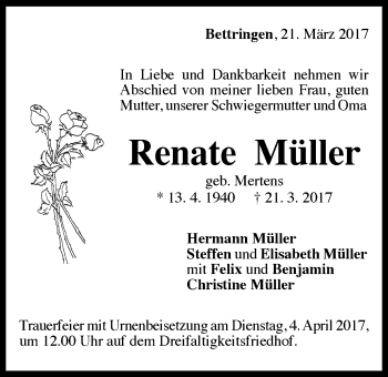 Traueranzeige von Renate Müller von Gmünder Tagespost