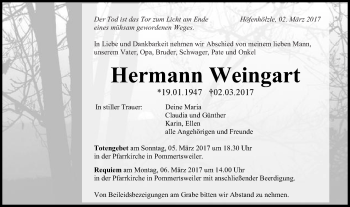Traueranzeige von Hermann Weingart von Schwäbische Post