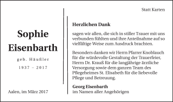 Traueranzeige von Sophie Eisenbarth von Schwäbische Post